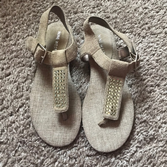 Nine West Shoes - Nine West Jeweled Tan Leather Thong Sandal